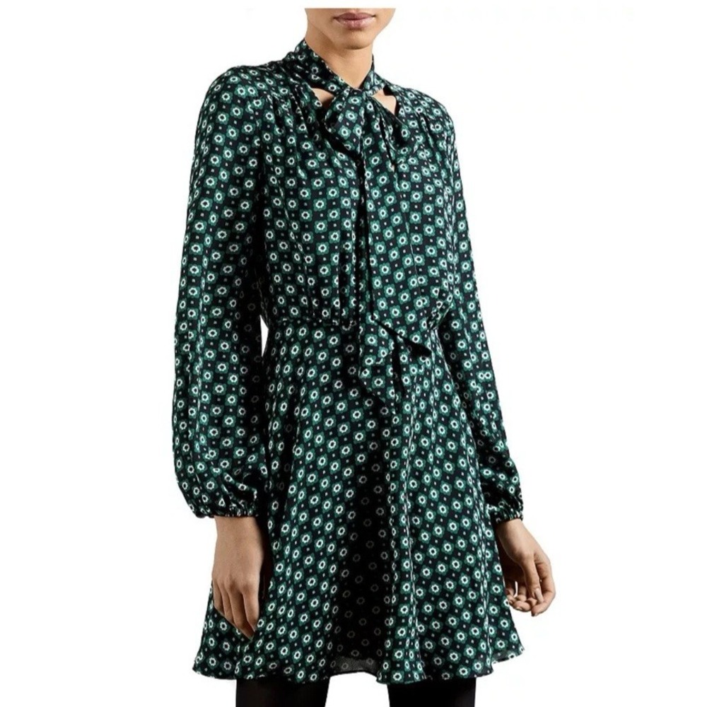 Ted Baker Dress Womens 2 US 4 Printed Neck Tie Long Sleeve Cinch Waist Mini